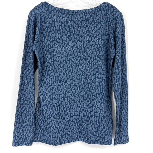 Long Tall Sally Womens S Blue Leaf Print Long Sleeve Blouse Cotton Knit Boatneck - Picture 4 of 4